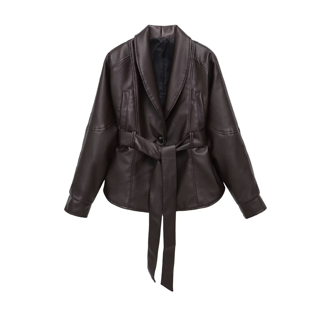 Ladies nan kastiger faux leather jacket with shawl collar, waist belt and textured surface Mune Fashion