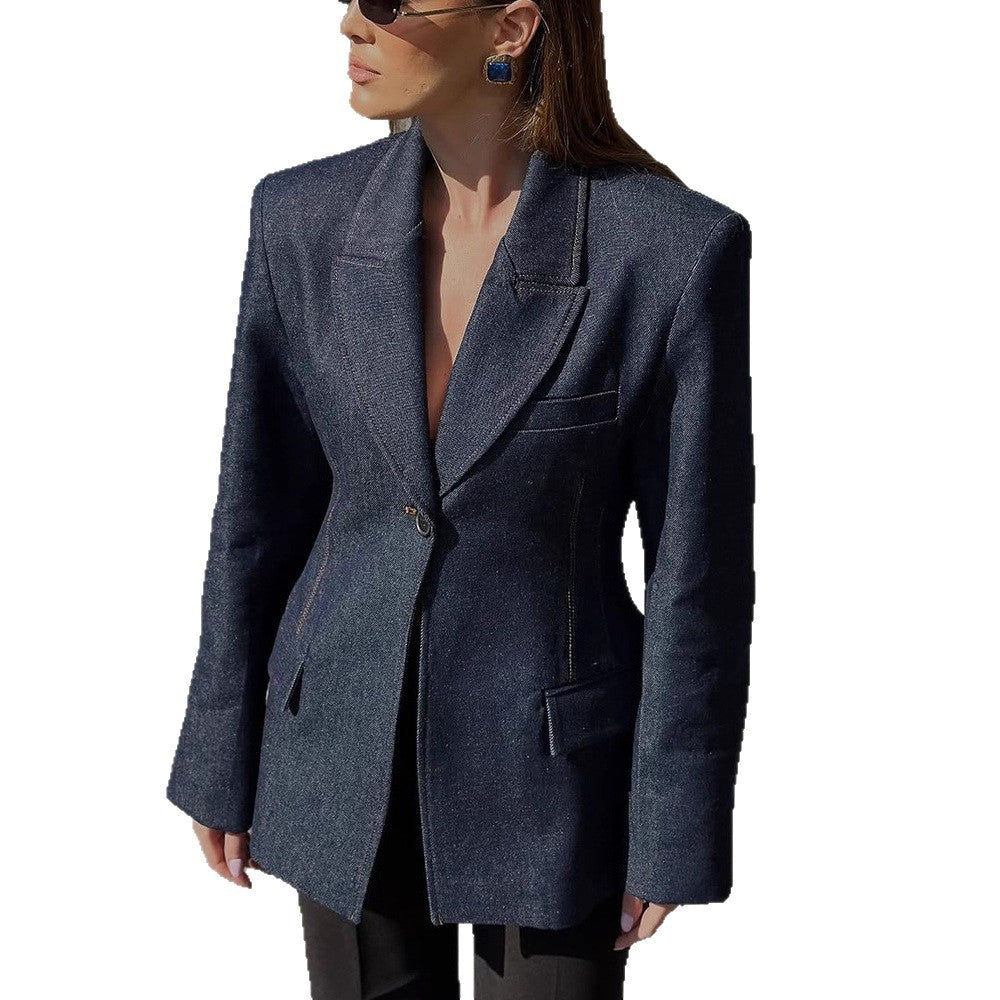Women tailored jeans blazer with curved lapel Mune Fashion
