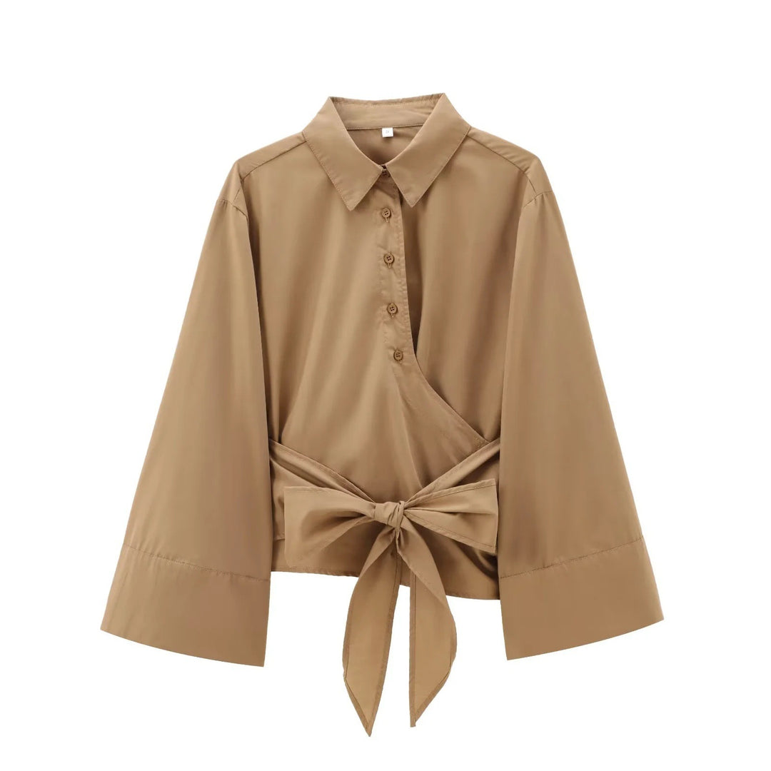 Women 200+ elegant wrap blouse with wide kimono sleeves and waist tie Mune Fashion