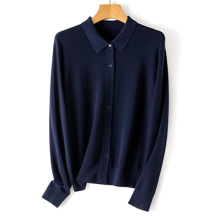Women's Fine Button Cardigan with Shirt Collar and Fine Knit Mune Fashion