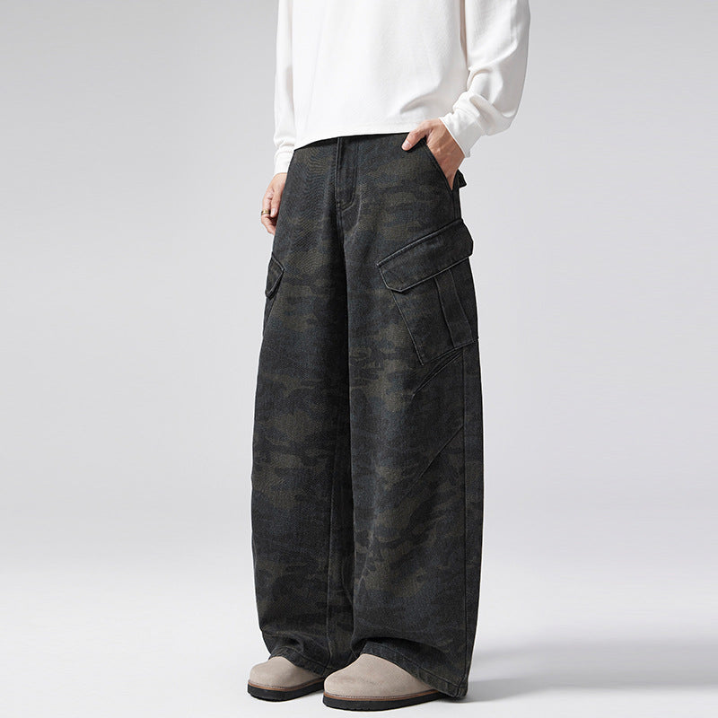 Men's extra-wide cargo pants in palazzo cut made of heavy camouflage denim Mune Fashion
