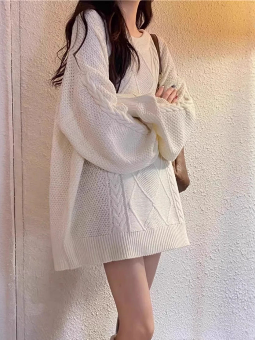 Women Oversize Cable Knit Long Sweater with Round Neck and Balloon Sleeves Mune Fashion
