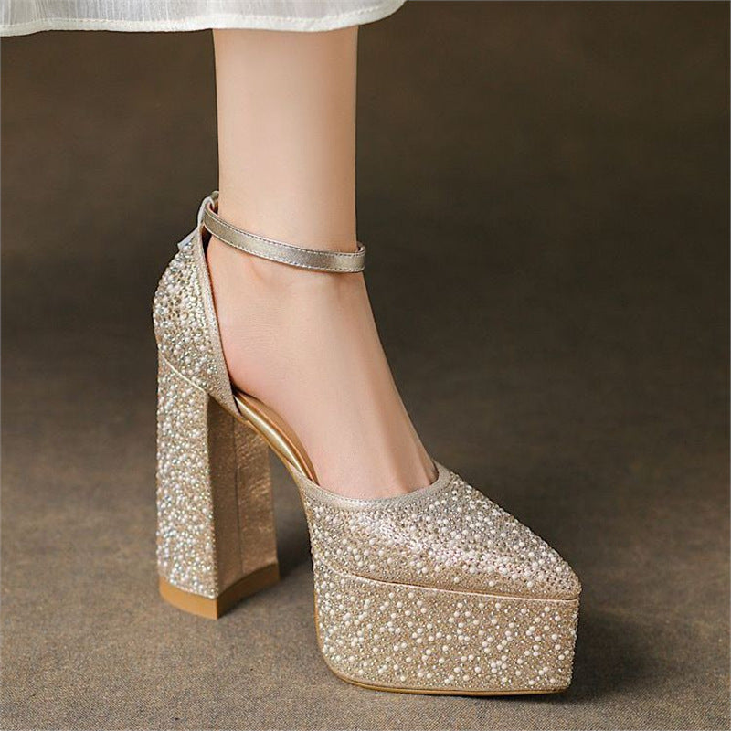 Women’s Platform Block-Heel Sandals with Square Toe Box and Rhinestone Trim Mune Fashion