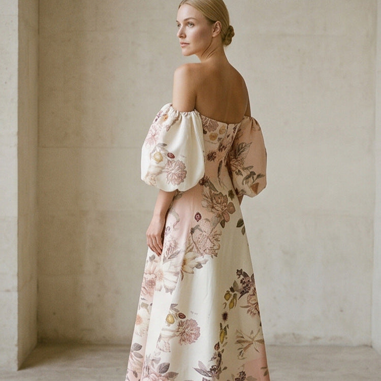 Women Elegant Off-Shoulder Evening Dress with Flared Skirt and Balloon Sleeves Mune Fashion