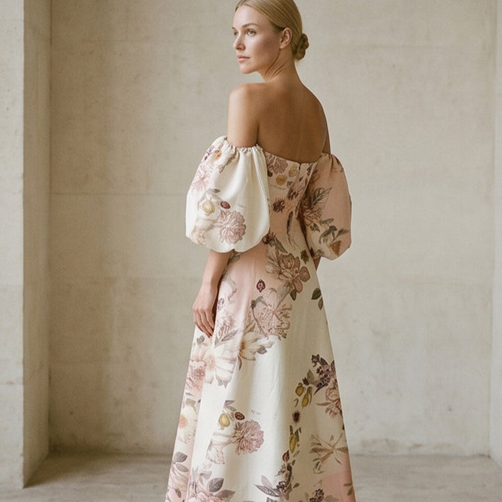 Women Elegant Off-Shoulder Evening Dress with Flared Skirt and Balloon Sleeves Mune Fashion