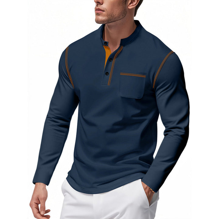 Men's Henley Long Sleeve Shirt with Stand-Up Collar, Chest Pocket and Contrasting Decorative Stitches Mune Fashion