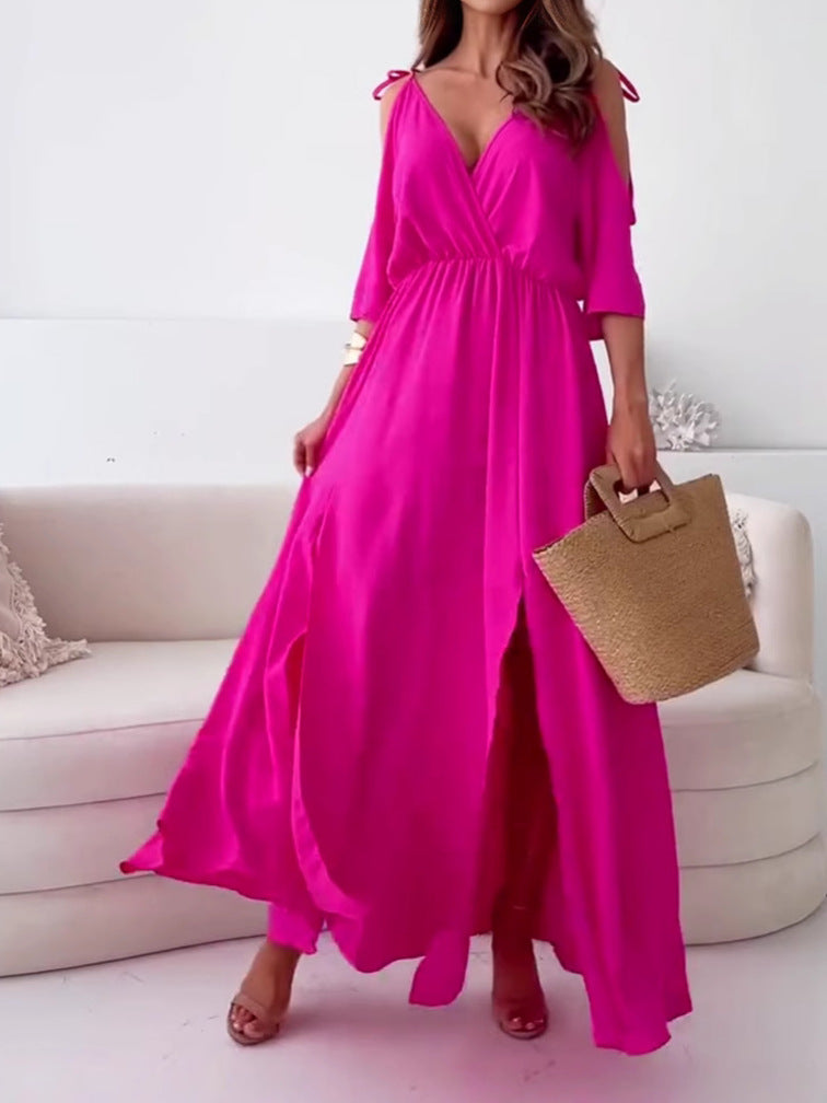 Women nan flowing maxi dress with V drape, off-shoulder strap band, elastic waist yoke and high skirt slit Mune Fashion