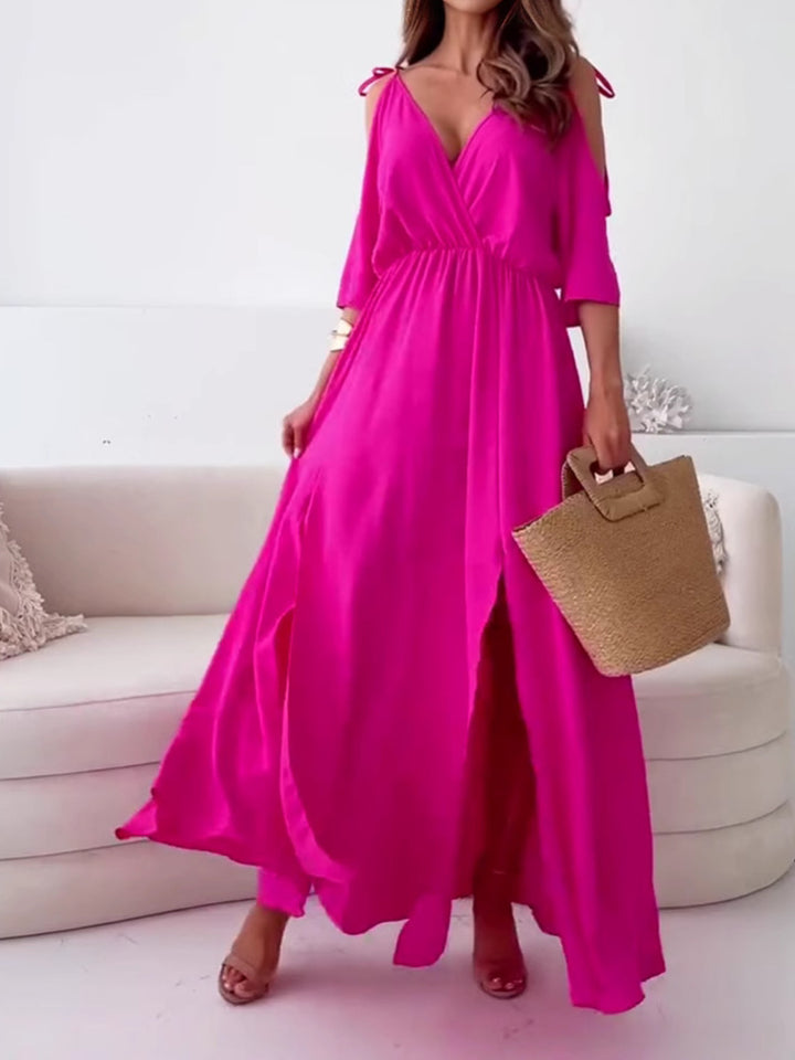 Women nan flowing maxi dress with V drape, off-shoulder strap band, elastic waist yoke and high skirt slit Mune Fashion