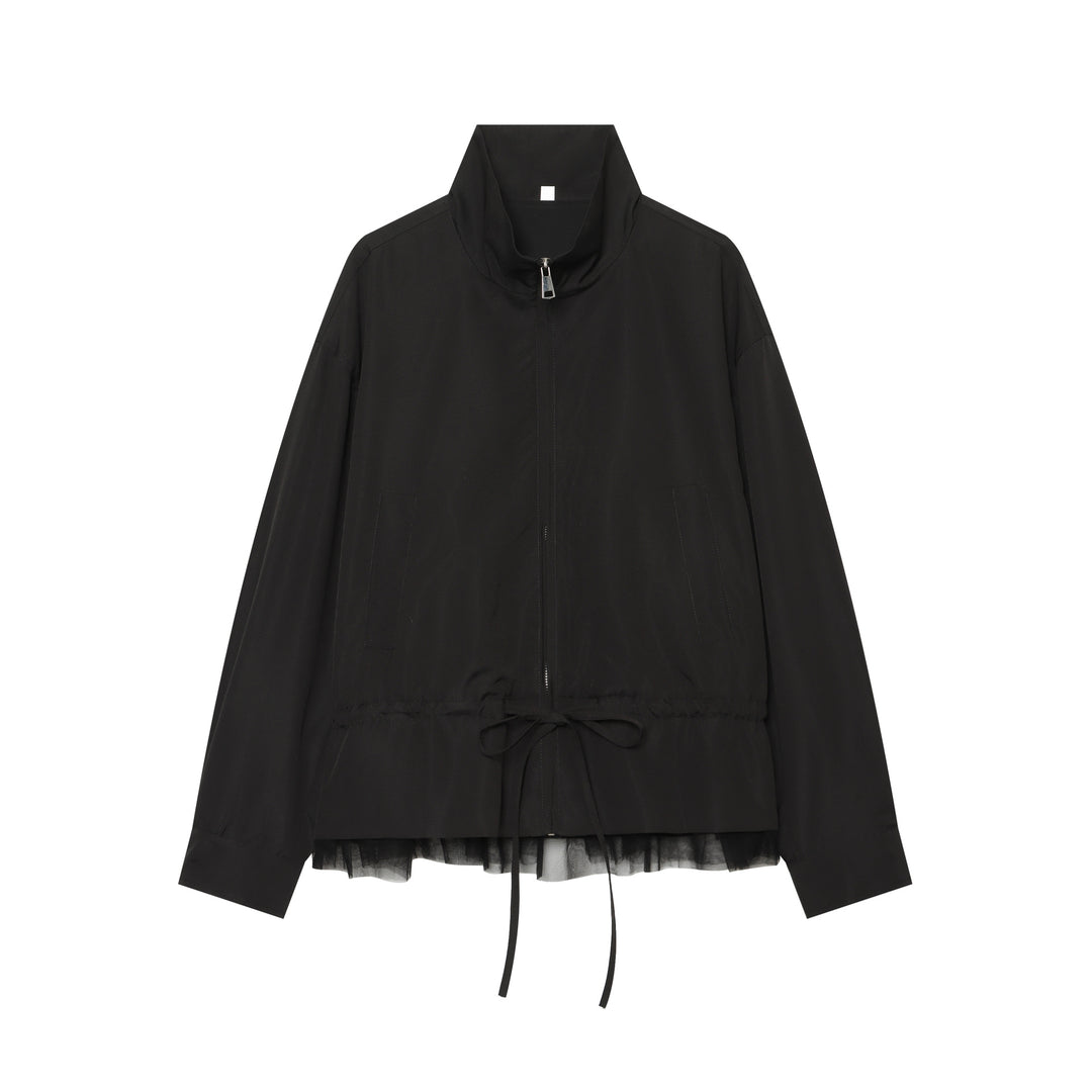 Women's lightweight adjustable windbreaker with stand-up collar, drawstring and tulle trim Mune Fashion