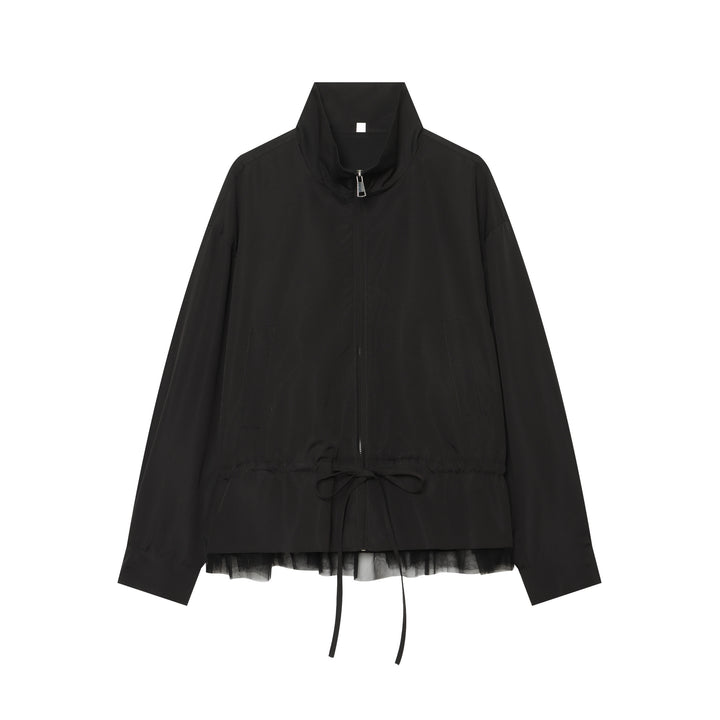 Women's lightweight adjustable windbreaker with stand-up collar, drawstring and tulle trim Mune Fashion