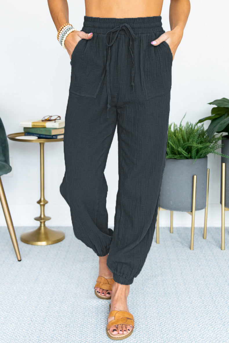 Women's Lightweight Linen Jogger Pants with Drawstring, Patch Pockets, and Elastic Cuffs Mune Fashion