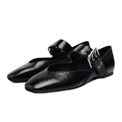 Ladies Flat Strap Ballerinas with Wide Decorative Buckle Strap and Leopard Pattern Mune Fashion