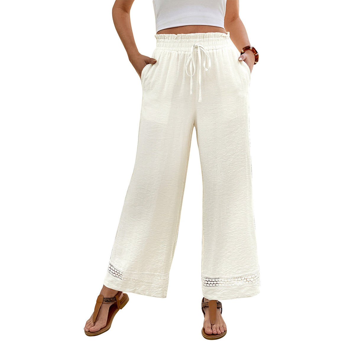 Women's Wide Linen Look Trousers with Smocked Waist, Drawstring and Crochet Trim Mune Fashion