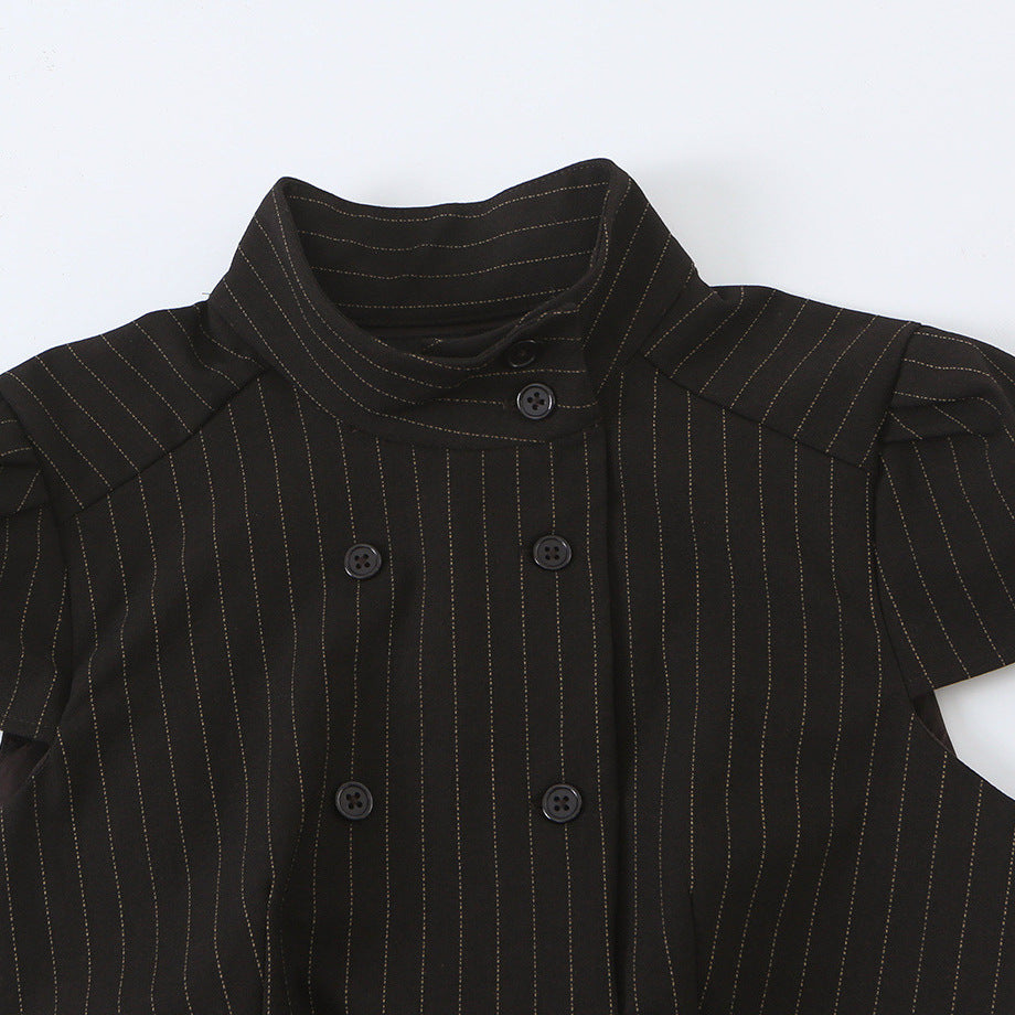 Women Tailored Short Sleeve Waistcoat with Pinstripes and Double Button Placket Mune Fashion