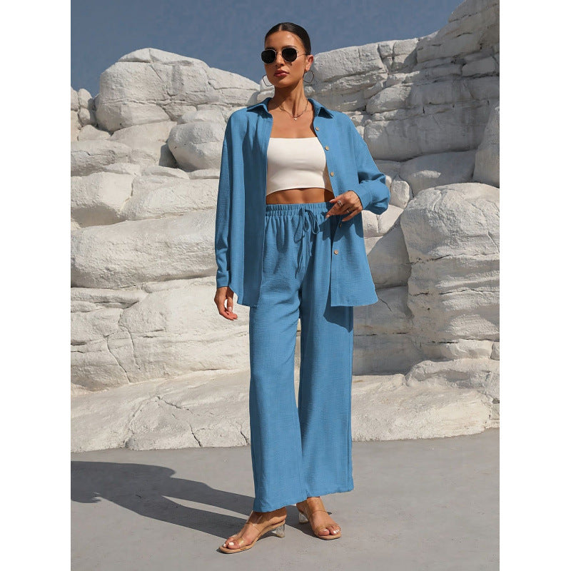 Women's Two-Piece Linen Look Loungewear Set with Oversized Shirt and Wide Comfort Palazzo Mune Fashion