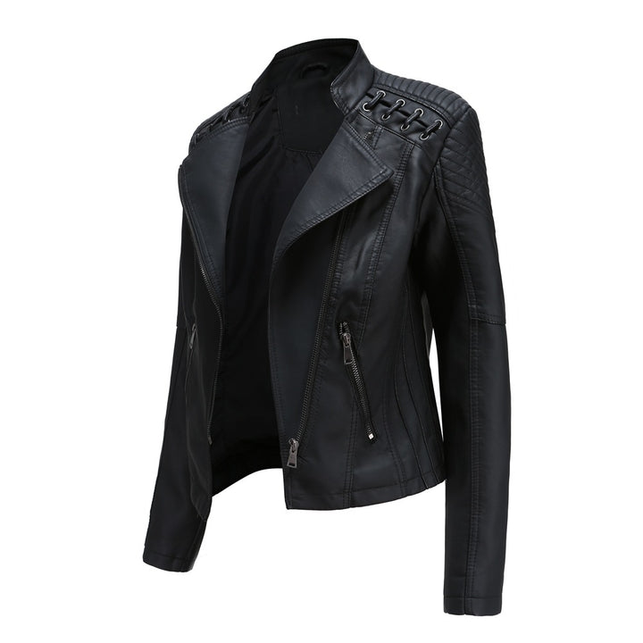 Ladies tailored faux leather biker jacket with quilted shoulder section, asymmetrical zipper and decorative eyelets Mune Fashion