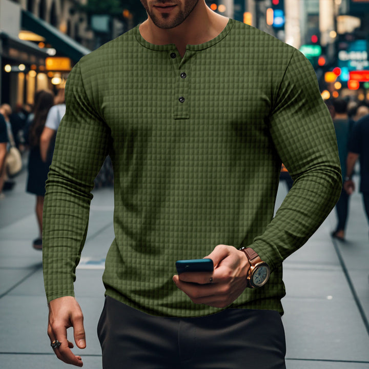 Men's fitted long-sleeve shirt with round neck button placket and waffle structure Mune Fashion