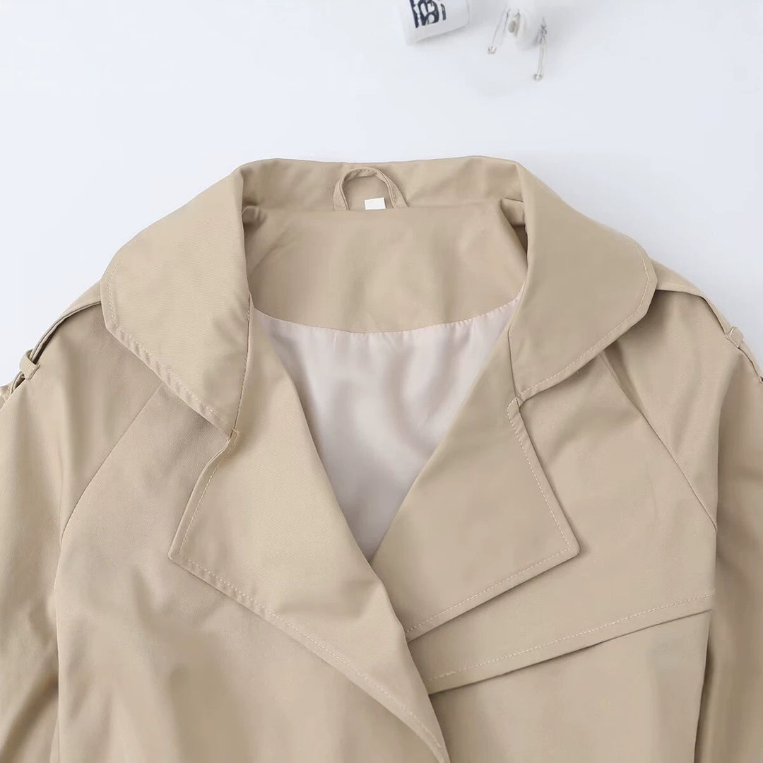 Women's Short Tailored Trench Blouson with Hooded Collar, Bow Tie Belt and Raglan Sleeves Drune