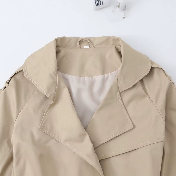 Women's Short Tailored Trench Blouson with Hooded Collar, Bow Tie Belt and Raglan Sleeves Drune