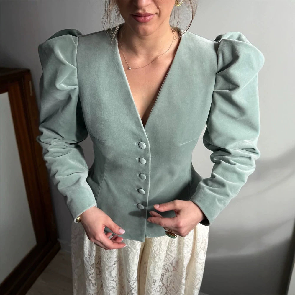 Women Fitted Velvet Blazer with Emphasized Waist, V-Neck and Voluminous Puff Sleeves Mune Fashion