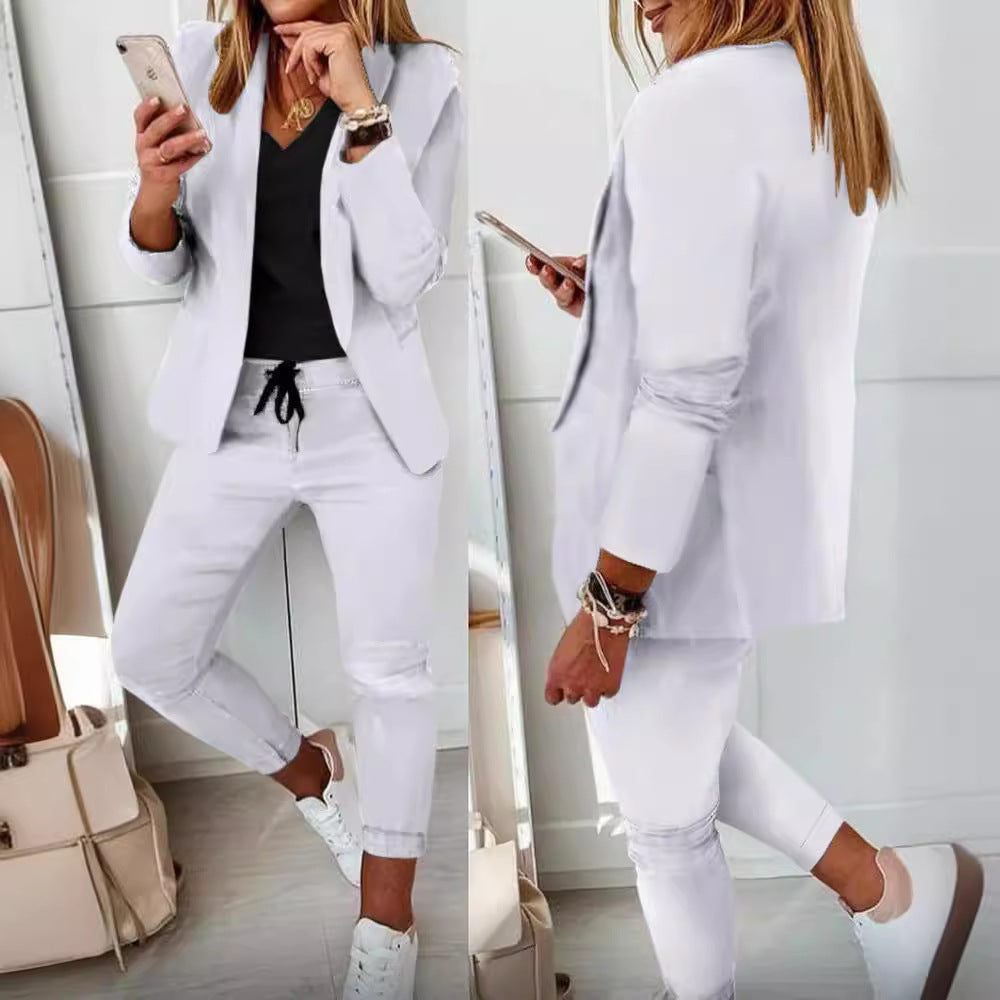 Women's Smart-Casual Blazer Set with open long blazer and tapered jog pants with drawstring Mune Fashion