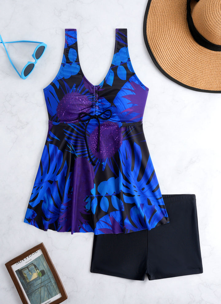 Ladies' tankini set with stylish ruffle and graphic peacock pattern Mune Fashion