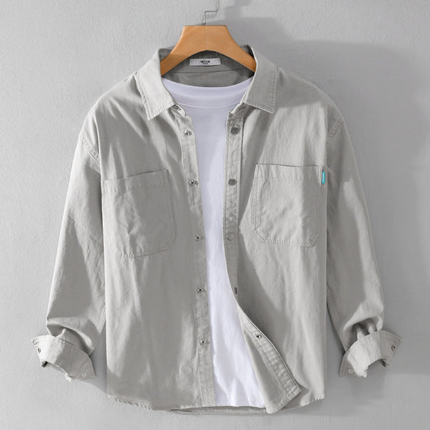Men's overshirt in shirt jacket style made of light cotton blend with snap button placket and patch chest pockets Mune Fashion
