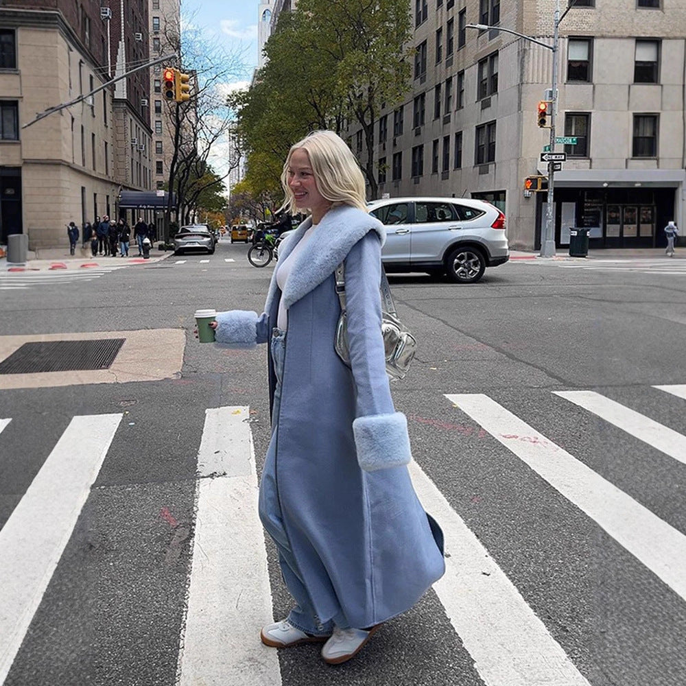 Women Elegant long-cut coat made of velour look with voluminous faux fur shawl collar Mune Fashion