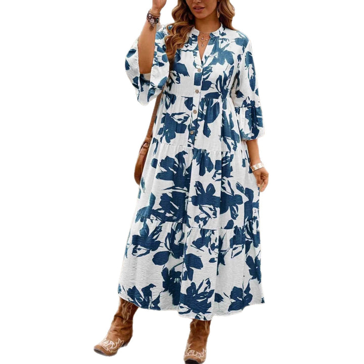 Women's Long Tiered Dress with V-Neck, Button Placket and Ruffled Sleeves Mune Fashion