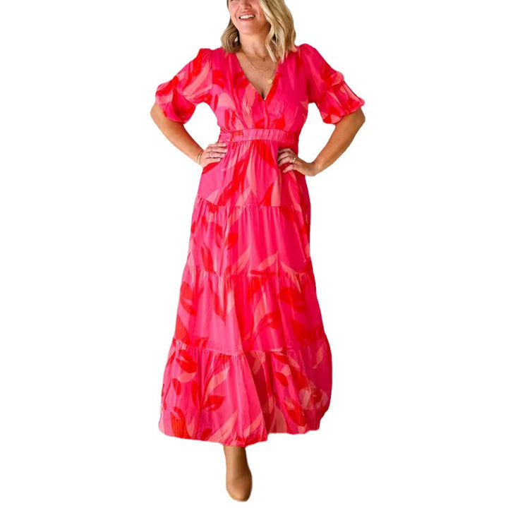 Ladies' flared maxi dress with V-neck, elastic underbust seam, and tiered skirt Mune Fashion