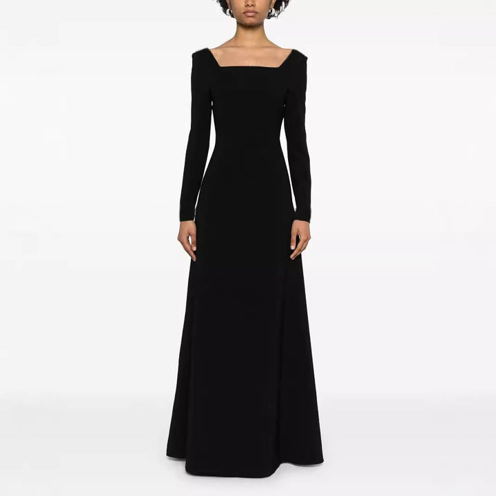 Women's Maxi Length Evening Dress in Minimalist A-Line Cut with Square Neckline and Long Sleeves Mune Fashion