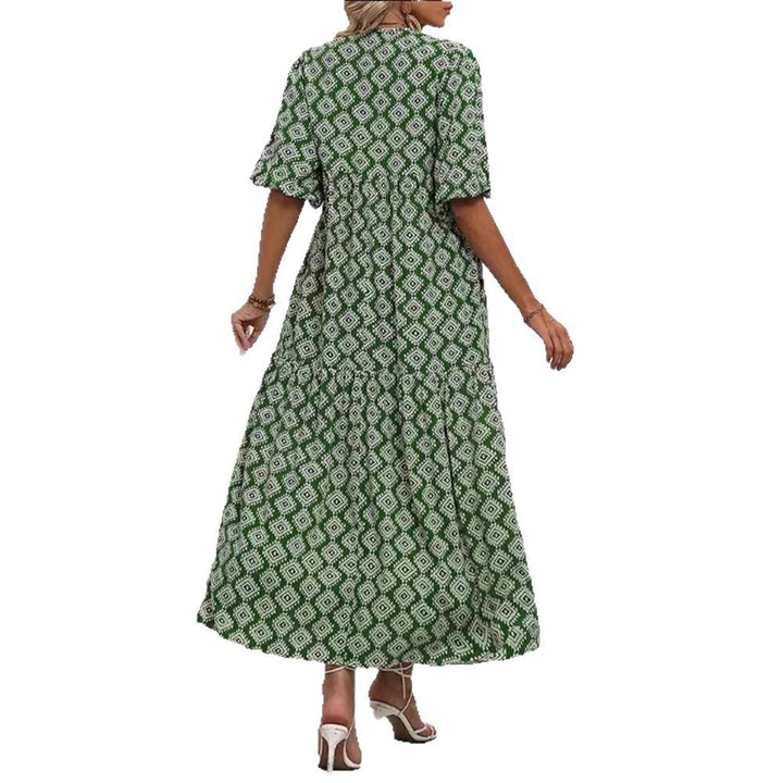 Women’s airy maxi dress with geometric ethnic print, gathered tiered skirt and keyhole neckline Mune Fashion