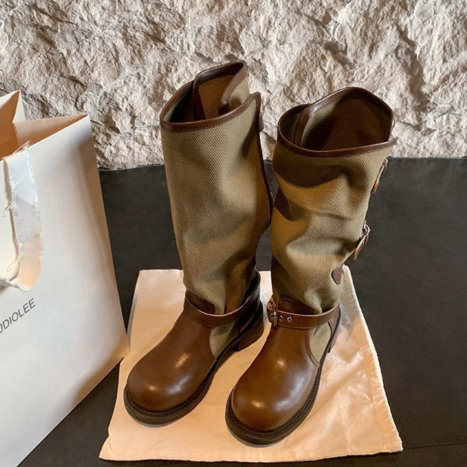 Ladies knee-high leather-canvas boots with adjustable buckles Mune Fashion