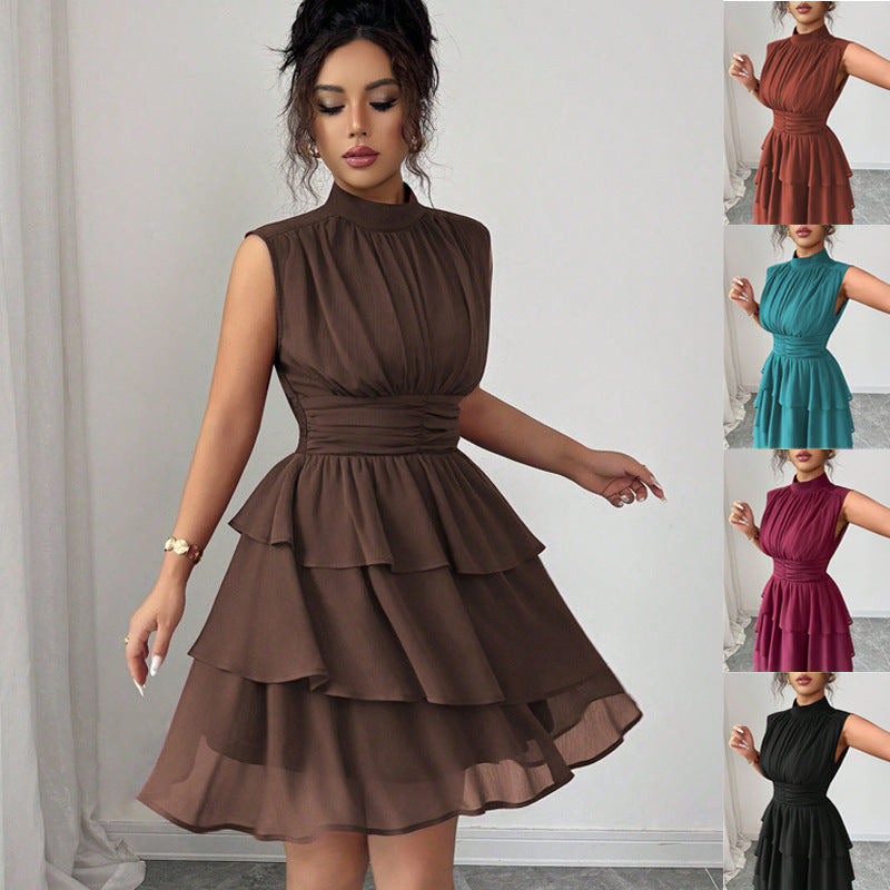 Women Sleeveless Chiffon Layered Dress with Stand Collar and Tailored Ruffle Mune Fashion