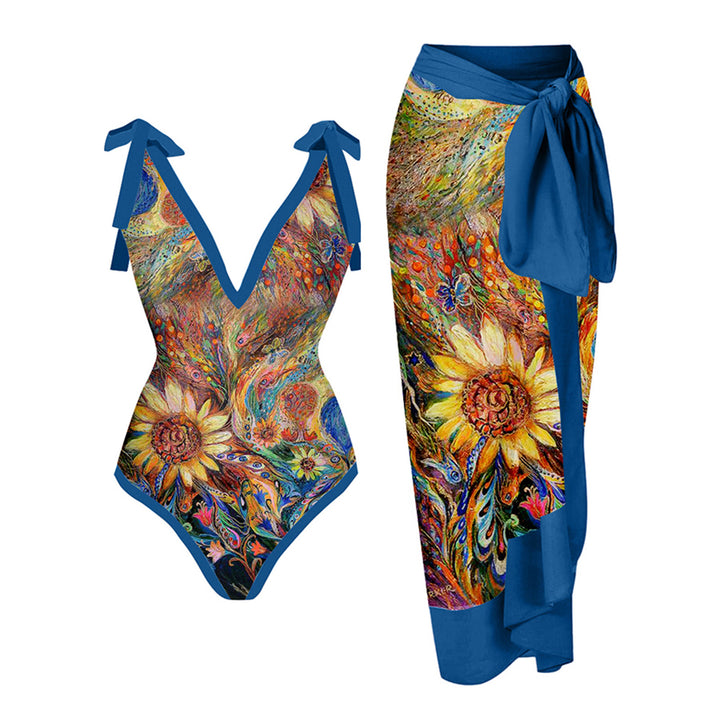 Women's One-Piece Swimsuit with Romantic Gatherings and Combined Wrap Skirt Mune Fashion