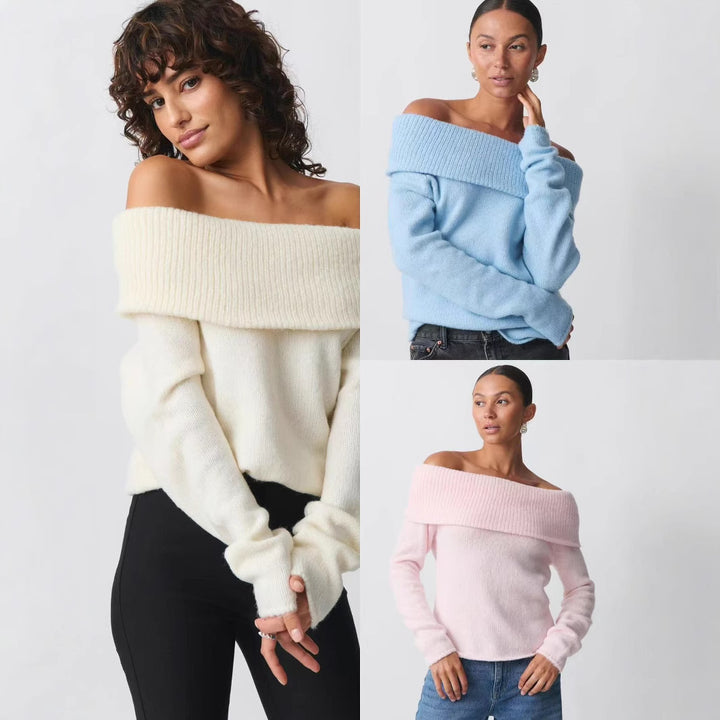 Women Off-Shoulder Chunky Knit Sweater with Wide Turn-Down Collar and Casual Oversized Fit Mune Fashion