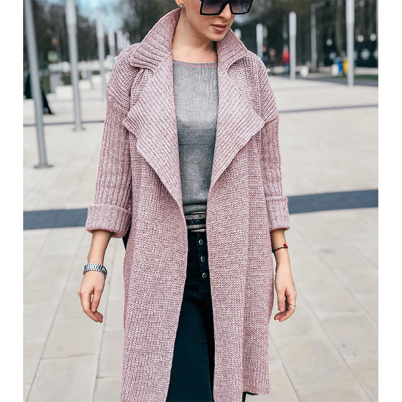 Women Long Open Knit Coat with Shawl Collar and Cuffed Sleeves Mune Fashion