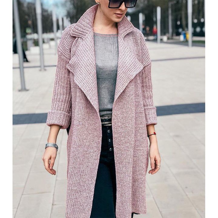 Women Long Open Knit Coat with Shawl Collar and Cuffed Sleeves Mune Fashion