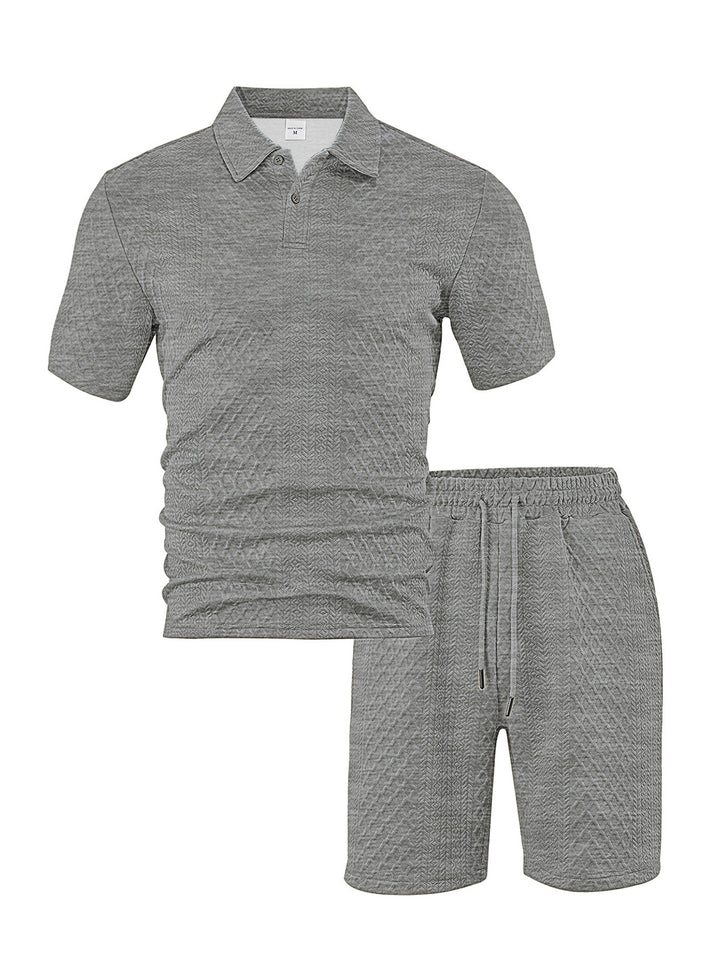 Men's elegant leisure two-piece made of textured knit with polo collar short-sleeve shirt and drawstring Bermuda Mune Fashion