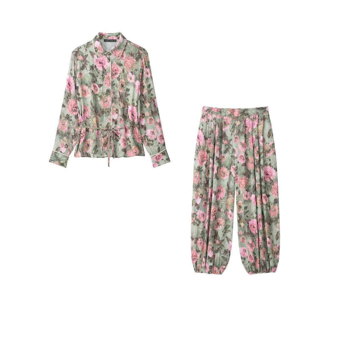 Women Wide Pleated Pants with Floral Print and Elastic Cuffs Drune