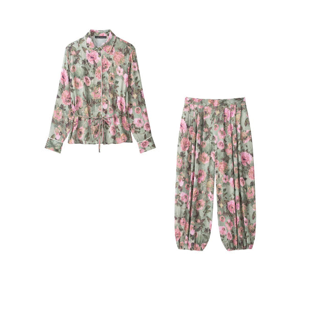 Women Wide Pleated Pants with Floral Print and Elastic Cuffs Drune