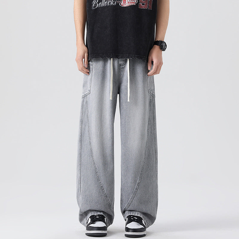 Men's Extra Wide Denim Baggy Pants with Drawstring Waist and Panel Seams Mune Fashion