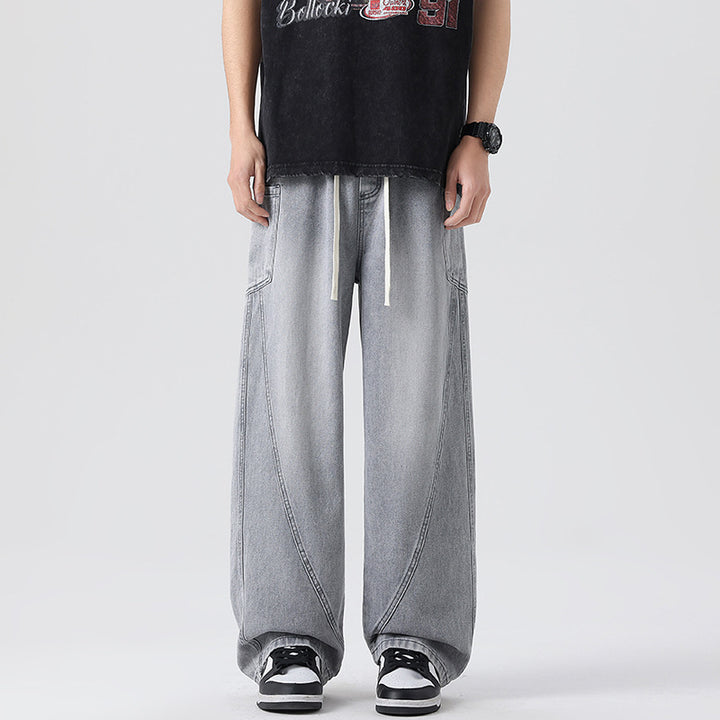 Men's Extra Wide Denim Baggy Pants with Drawstring Waist and Panel Seams Mune Fashion