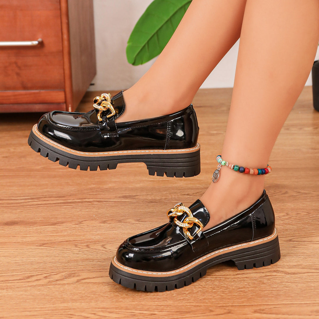 Women's Shiny Slip-On Loafers with Chunky Profile Sole and Decorative Chain Mune Fashion