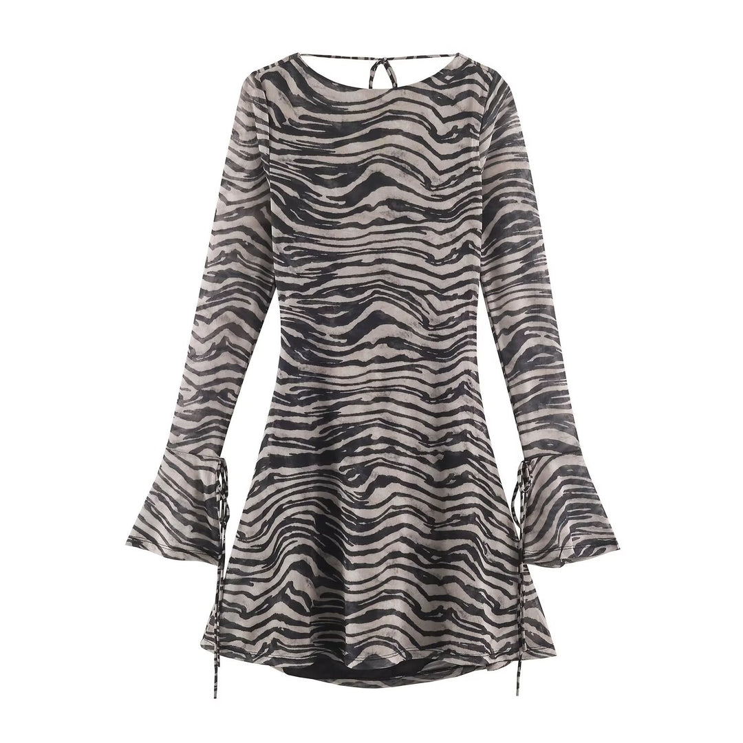 Women Semi-Transparent Mesh Tunic Mini Dress with A-Line, Trumpet Sleeves and Back Lacing Mune Fashion