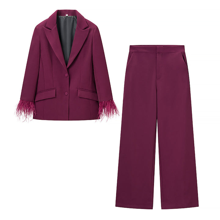 Women's Tailored Pant Suit Set with Feather Trim at the Cuffs Mune Fashion
