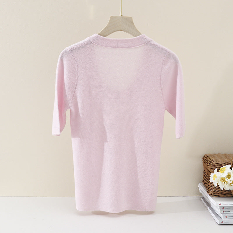 Ladies Fine Fine Knit Shirt with Deep Round Neck and Three-Quarter Sleeves Mune Fashion