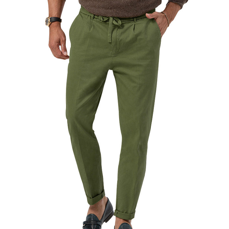 Men's Tapered Linen-Cotton Pants with Elastic Waistband, Drawstring and Cuffs Mune Fashion