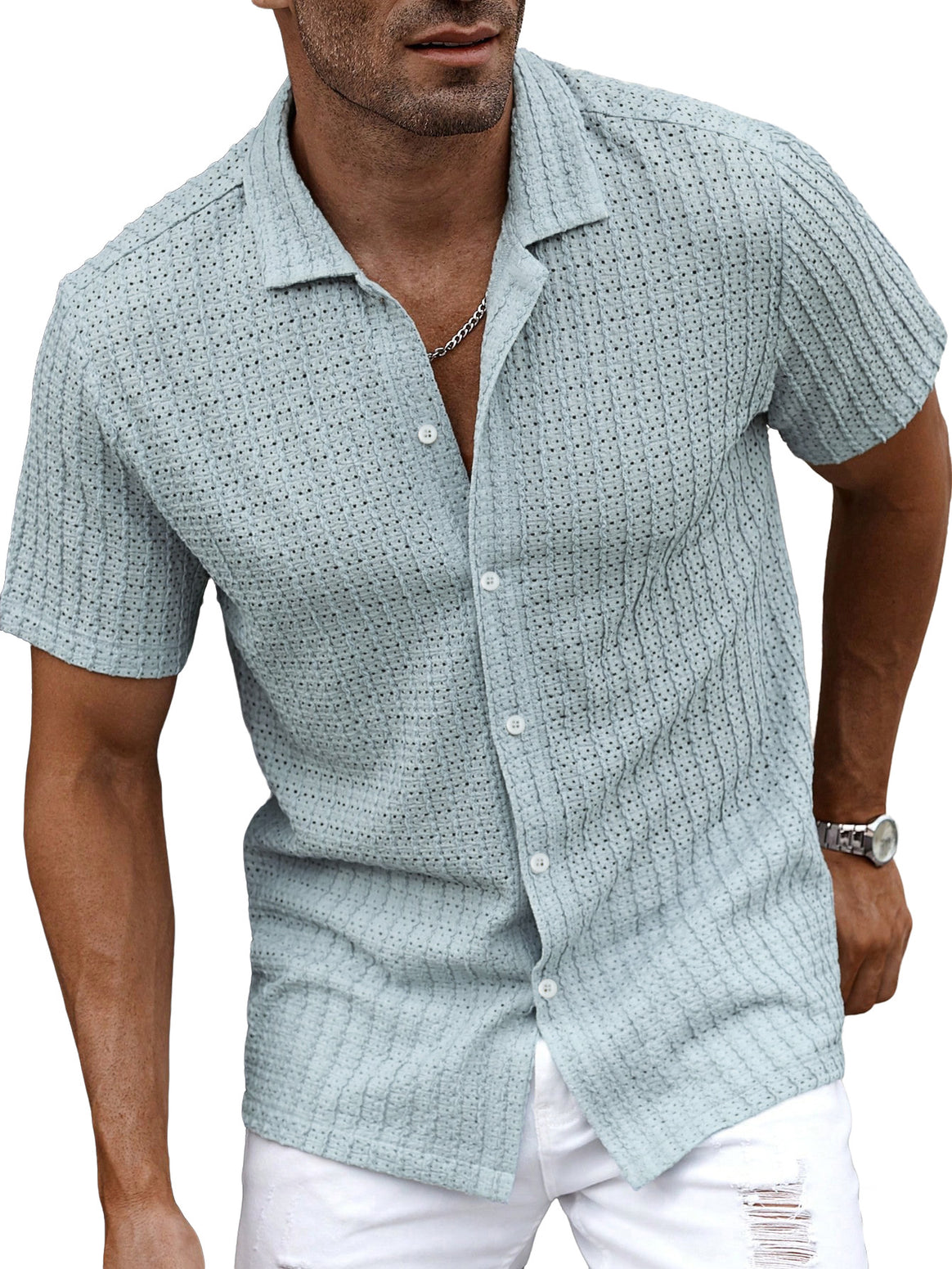 Men's airy short-sleeve ajour shirt with shawl collar and continuous button placket Mune Fashion
