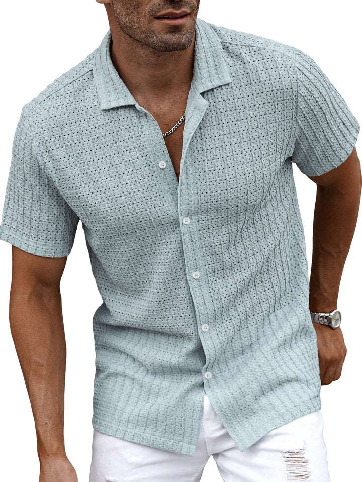 Men's airy short-sleeve ajour shirt with shawl collar and continuous button placket Mune Fashion